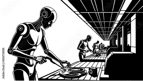 Robot working on an assembly line in a futuristic factory, isolated on white background