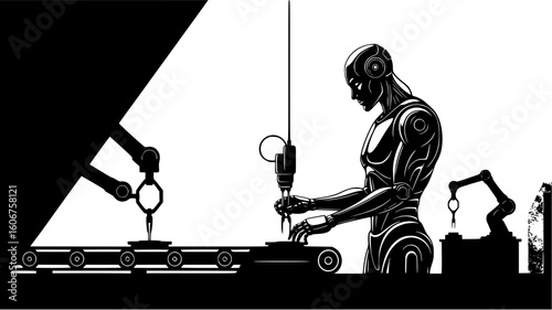 Robot utilizing robotic arms for precise assembly on a production line, isolated on white background