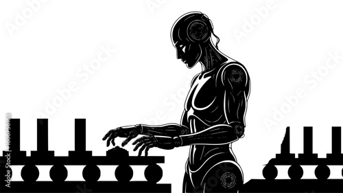 Robot hands manipulating objects on a conveyor belt in a factory, isolated on white background