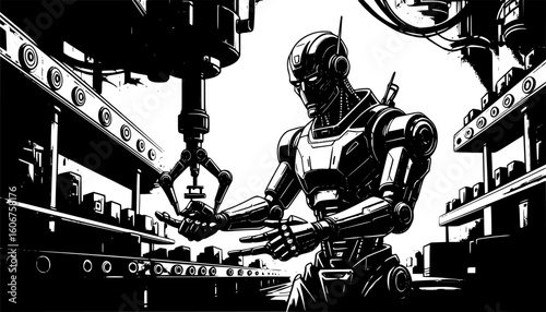 A futuristic robot working on an assembly line in a hightech factory, showcasing advanced automation and industrial processes