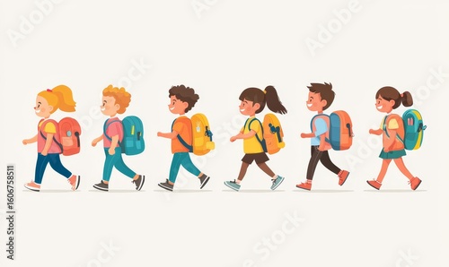 Back to school concept. Happy group of children and teenagers walking to school. Young girls and boys with backpacks and rucksacks. Inclusive, positive education, Generative AI