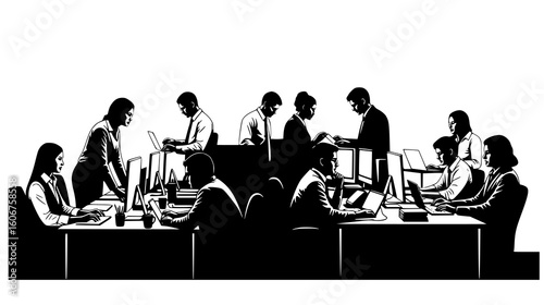 A diverse group of professionals collaborating in a modern office setting, working together on various tasks and projects