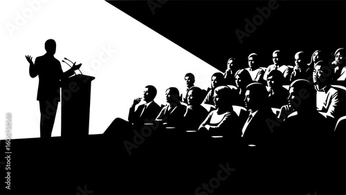 A confident speaker addressing an attentive audience from a brightly lit stage during a professional presentation or conference