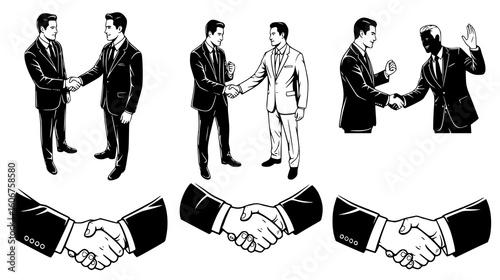 Multiple instances of business professionals shaking hands, symbolizing agreement, partnership, and successful deal closures