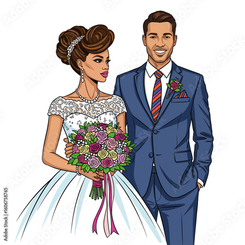 Elegant wedding couple portrait. Happy bride and groom in stylish wedding attire pose together.  Wedding portrait concept for invitations and announcements.