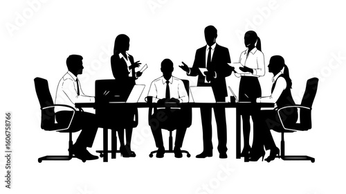 Business meeting with team members discussing strategy and planning in a professional office setting, isolated on white background