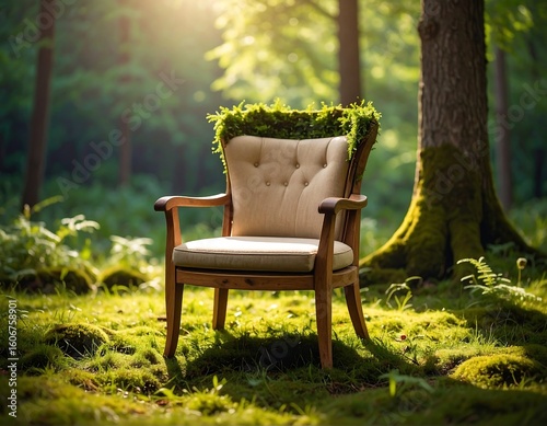 Antique chair in a sunlit forest