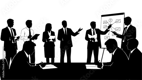 Business professionals in a meeting, with one person explaining a diagram on a whiteboard