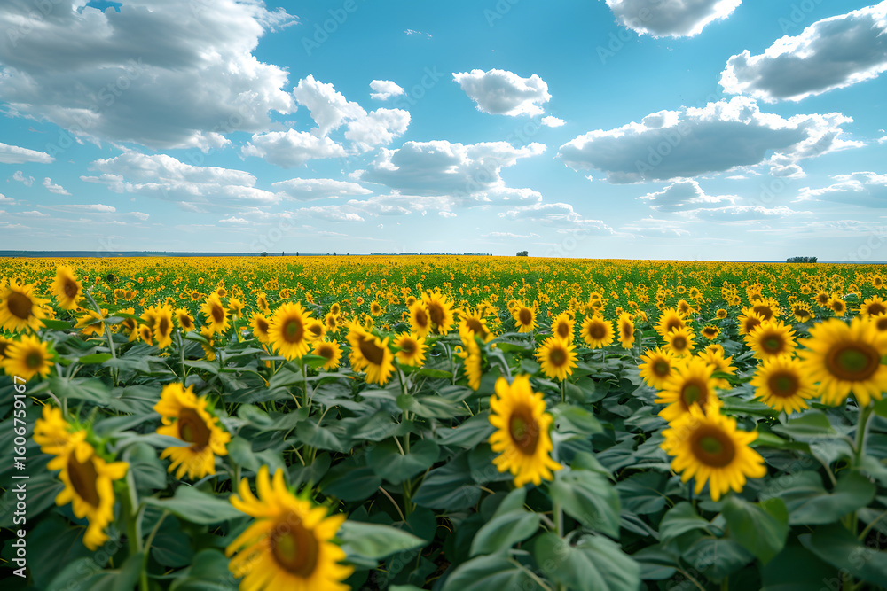 Fototapeta premium Vast sunflower field stretching towards the horiz