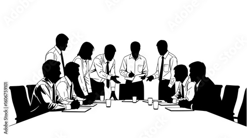 Business team engaged in a meeting, isolated on white background