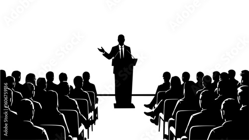 Silhouette of a speaker addressing an audience from a podium, isolated on white background