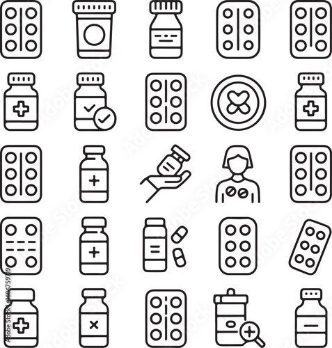 A set of 20 black and white medical and pharmaceutical icons arranged in a 4x5 grid.  