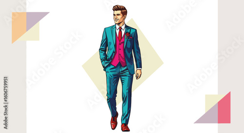 Stylish man wearing suit illustration in a full shot pose. Elegant man wearing suit for formal events and fashion shows, portrait illustration of gentleman in a tailored suit.