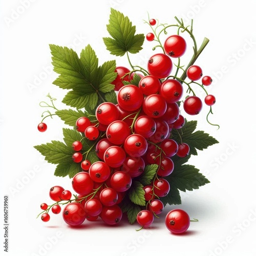 A bright bunch of red currants with green leaves is presented on a white background. The berries are glossy and saturated, which emphasizes the freshness.