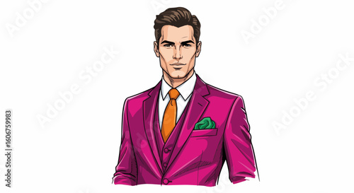 Elegant man in suit against white background, portraying sophistication. Fashionable man in suit showcases a chic pink blazer, orange tie and stylish pocket square. Conceptual man in suit,