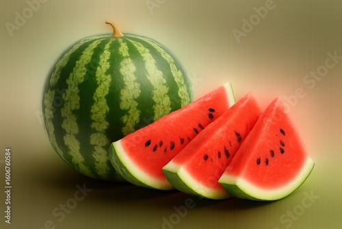 A bright still life with a whole watermelon and three slices on a background of a gradient of brown and green. Juicy red slices with black seeds and green peel