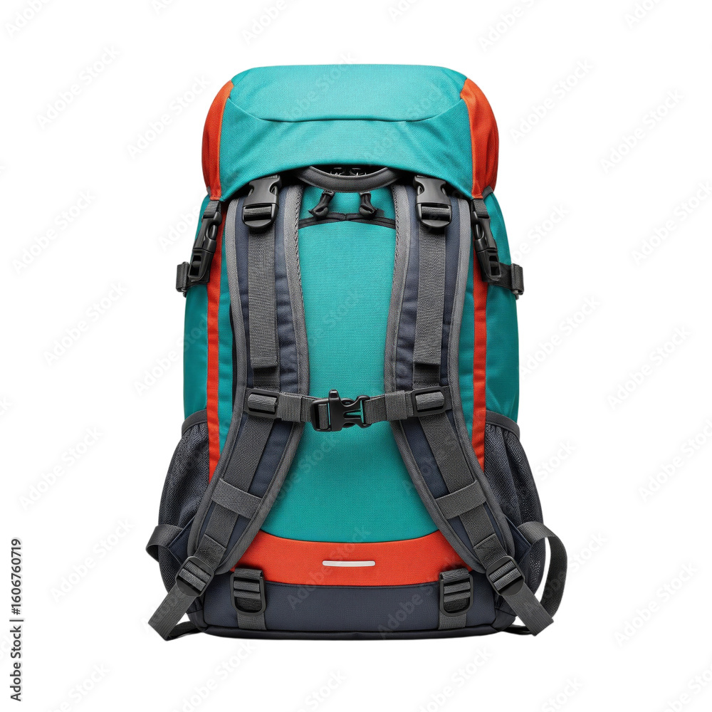 Fototapeta premium A colorful hiking backpack with a turquoise body, orange accents, and gray straps. It features multiple compartments and adjustable straps, suitable for outdoor activities.