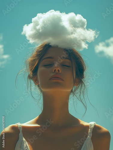 Young woman with her head in the clouds. Concept of depression, loneliness, and mental health. Theme of psychology, dreaming, and racing thoughts. Memory loss and dementia, Generative AI