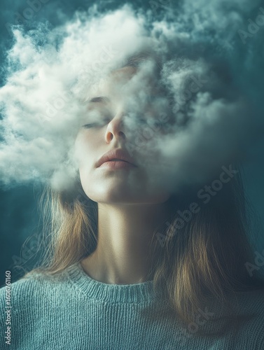 Young woman with her head in the clouds. Concept of depression, loneliness, and mental health. Theme of psychology, dreaming, and racing thoughts. Memory loss and dementia, Generative AI