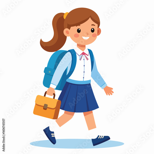 Cartoon illustration of a happy schoolgirl walking with a backpack and briefcase, ready for school.