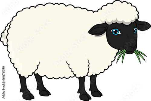 Cartoon sheep with black face and white wool eating grass, cute farm animal illustration for kids, livestock character in pasture