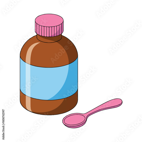 A simple cartoon illustration of a brown medicine bottle with a pink screw-top cap and a light blue label .
