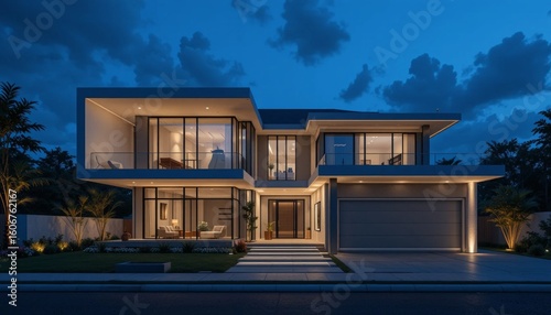  Ultra-modern house at night with glowing architecture and digital lights, representing future smart living design 