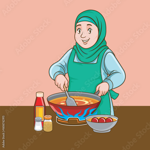 A mother who is cooking happily