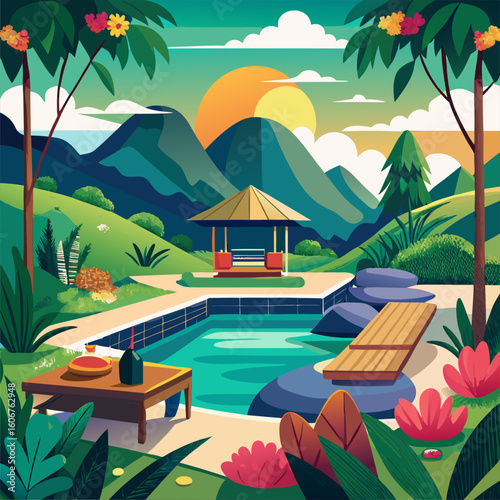Tropical resort pool area with a gazebo and mountains in the background. Relaxing scene with a pool. lush greenery. and a scenic view. ideal for travel and hospitality advertising.