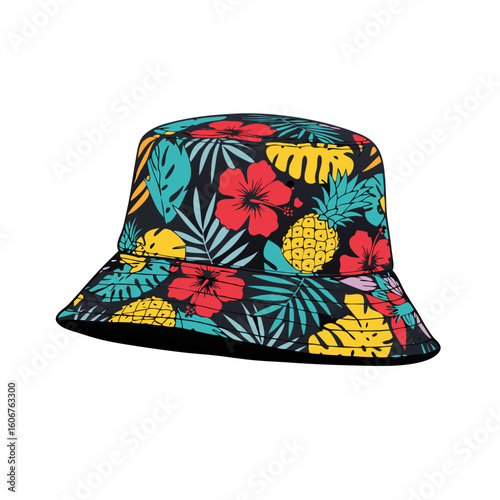 Floral patterned bucket hat with colorful tropical design  