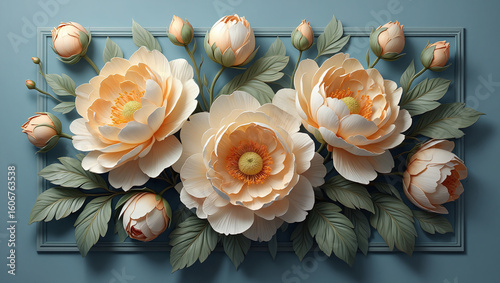 Elegant bas-relief of blooming peach peonies and buds, a beautiful floral arrangement on a soft blue background.