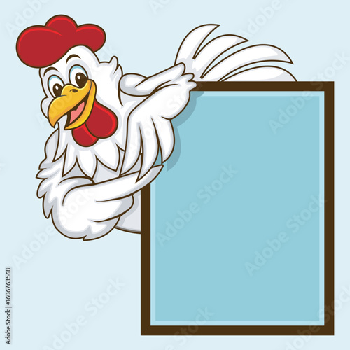 Chicken mascot holding a menu board in front of the kiosk