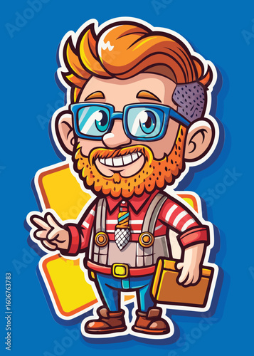 Smiling cartoon man with a beard and glasses. in a striped shirt and overalls. holding a book. against a vibrant blue background. Friendly. approachable male character in a casual work environment.