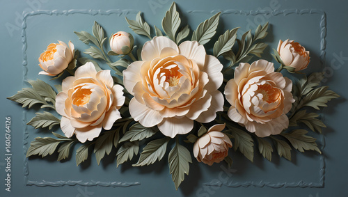 Elegant bas-relief sculpture of cream and peach peonies arranged on a textured blue background, a delicate floral artwork.