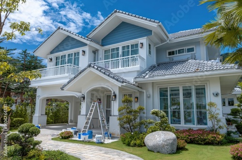 the exterior of a modern two-story house in Thailand with white walls, a blue sky, and green grass in its yard is being painted by the staff of a painting company