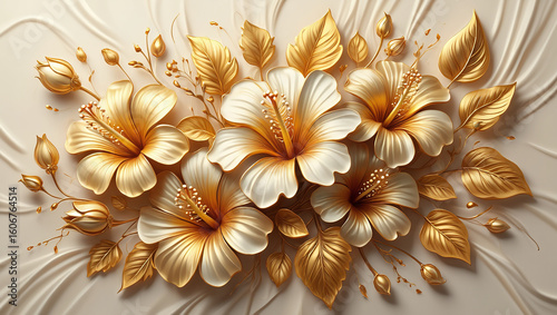A luxurious floral composition of golden and white hibiscus flowers, presented in an elegant 3D sculptural bas-relief style.
