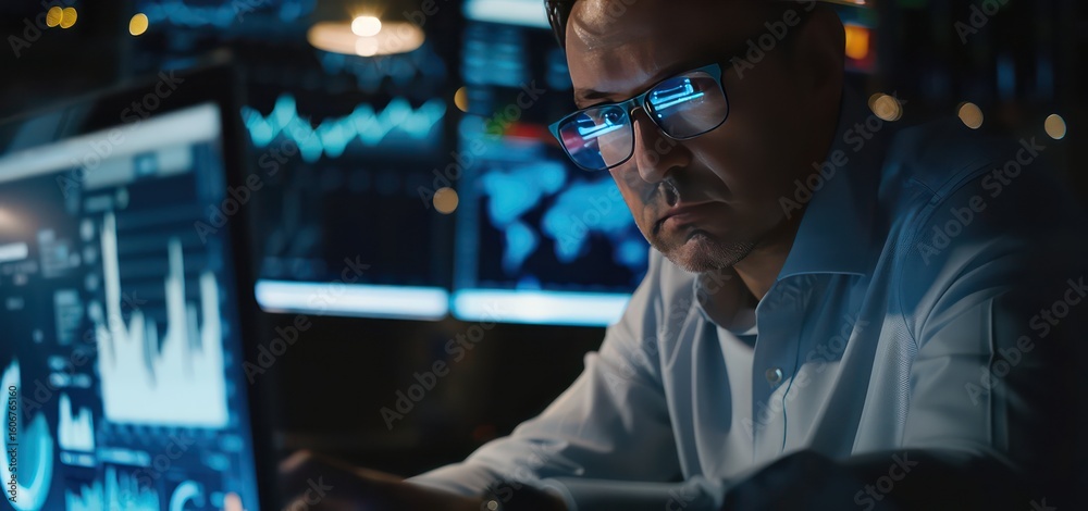 Fototapeta premium 35-year-old financial manager man with glasses discussing strategies while using a laptop