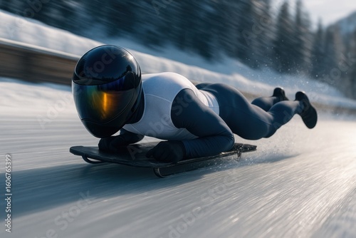 Male skeleton athlete racing headfirst down icy track at high speed. Concept of winter sport, extreme speed, male precision, frozen adrenaline, elite cold-weather discipline.