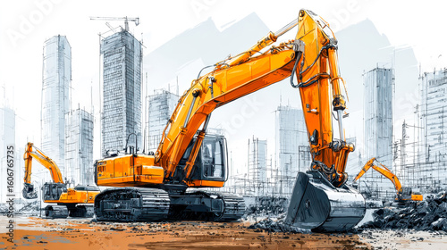 Construction site with large excavators operating in an urban development project