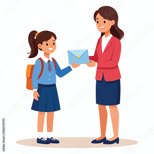 A young student handing a blue envelope to her teacher, smiling.