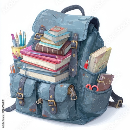 Backpack filled with colorful books and school supplies, including pencils and scissors, showcasing a vibrant educational theme with a playful atmosphere