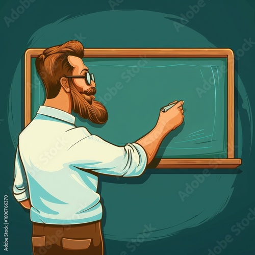 Handsome male teacher with beard writes on chalkboard in classroom, wearing glasses and a white shirt, creating an engaging learning environment with copy space