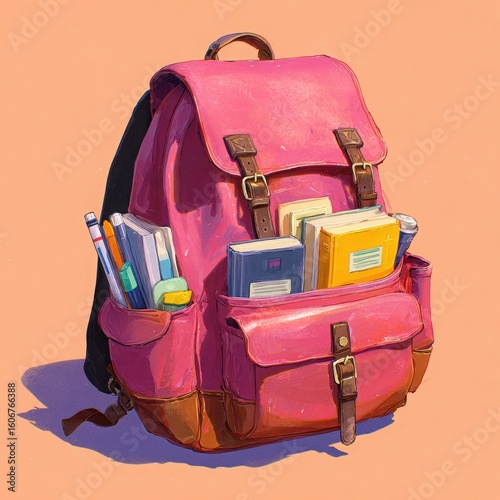 Bright pink backpack filled with colorful books and school supplies, resting against a soft orange background, showcasing educational essentials and vibrant design elements