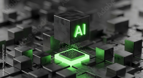 Neon green ai letters on dark cube with glowing particles. Artificial intelligence or machine learning concept for technology.