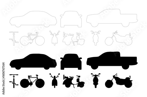 This vector car, bike, bicycle vehicles in both silhouette and outline styles. Ideal for CAD drawings, diagrams, and presentations, 