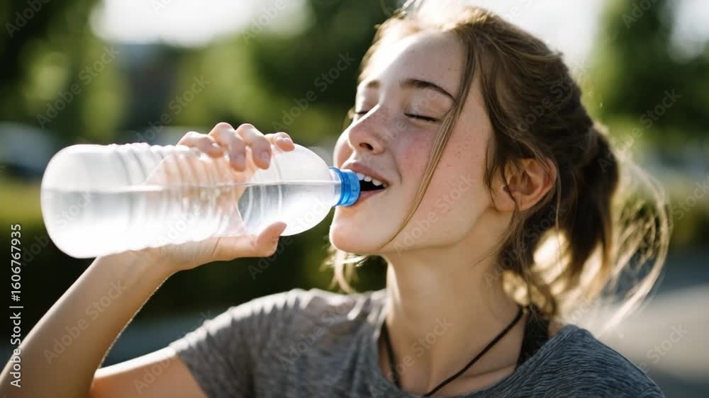 Young woman enjoying hydration after workout in sunny outdoor environment with refreshing water bottle in hand Young woman enjoying hydration after workout in sunny outdoor environment with refreshing water bottle in hand