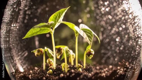 Small plants sprouting from soil in a clear glass terrarium