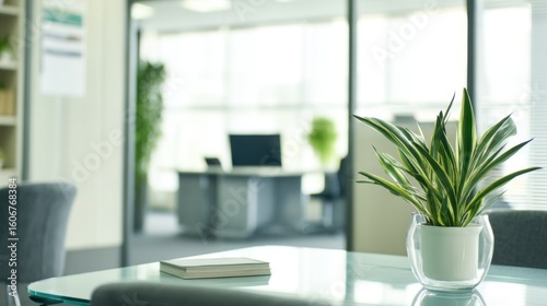 Obraz na plátně A modern office space with a glass table featuring a potted plant, blurred backg