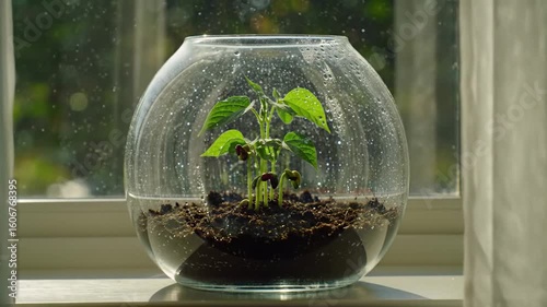 Sprouting bean plants in a glass terrarium on a windowsill