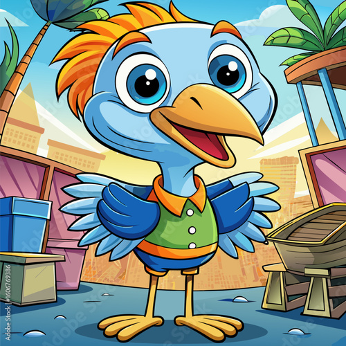 Adorable bird character in casual clothing. standing in a city marketplace setting. Friendly pose with open arms and joyful expression.